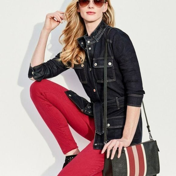 WHBM Women's Black Denim Military Jacket Blazeer Patch Elbows Size 4 NEW w/TAG - Picture 1 of 7